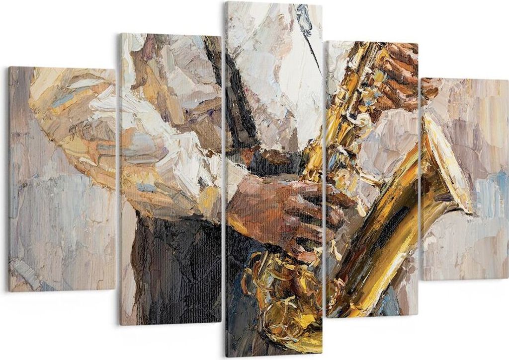 Bild auf Leinwand - Leinwandbild - 5 Teile - Saxophon Öl Musiker - 150x100cm - Wand Bild - Wanddeko - Wandbilder - Leinwanddruck - Bilder - Wandde...