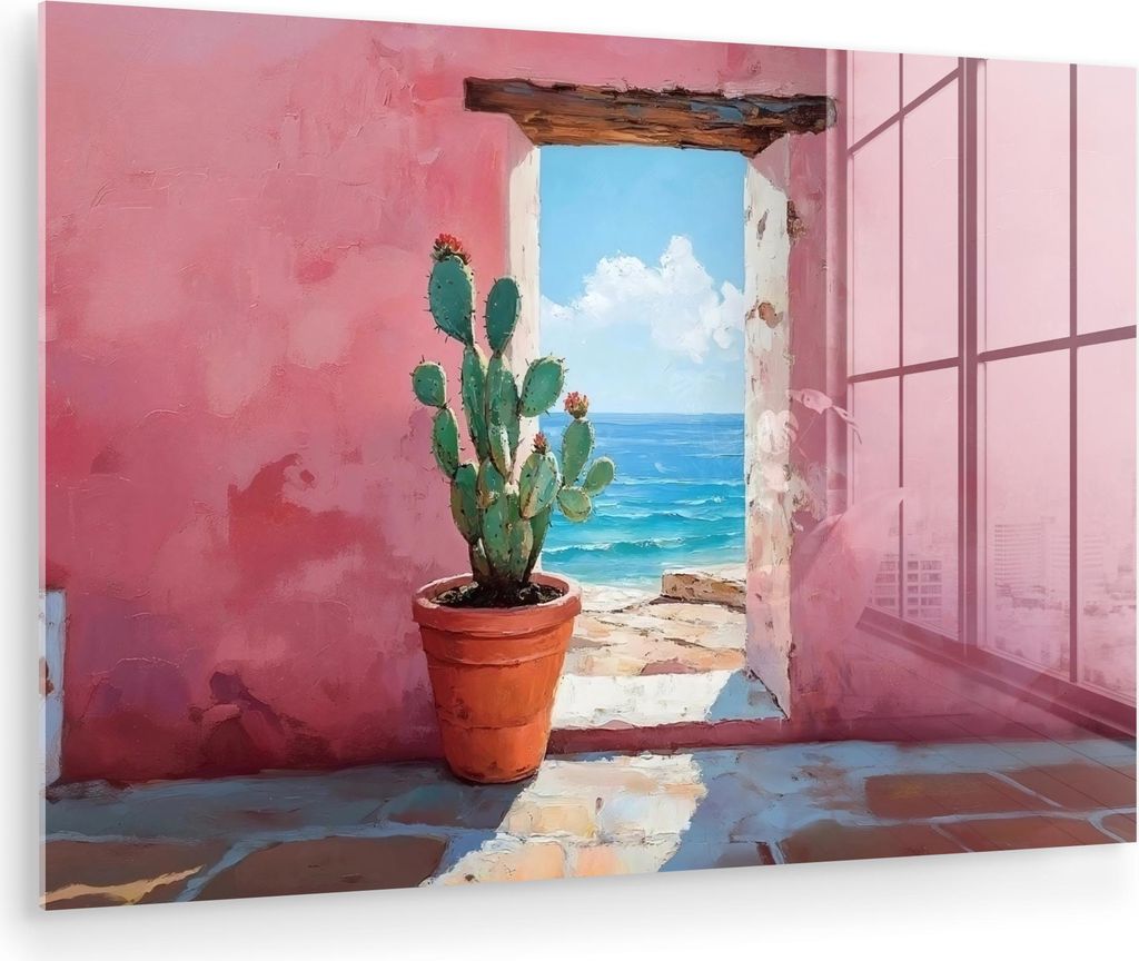 MuchoWow Glasbilder - Bilder auf Wandbild - Foto auf Glas Meer - Rosa - Kaktus 30x20 cm Wanddekoration aus Glas - Acrylglasbild - Acrylbilder - Bil...