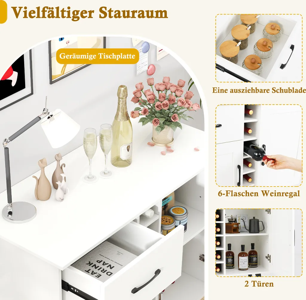 Buffet avec range-bouteilles et tiroir blanc, étagères modulables