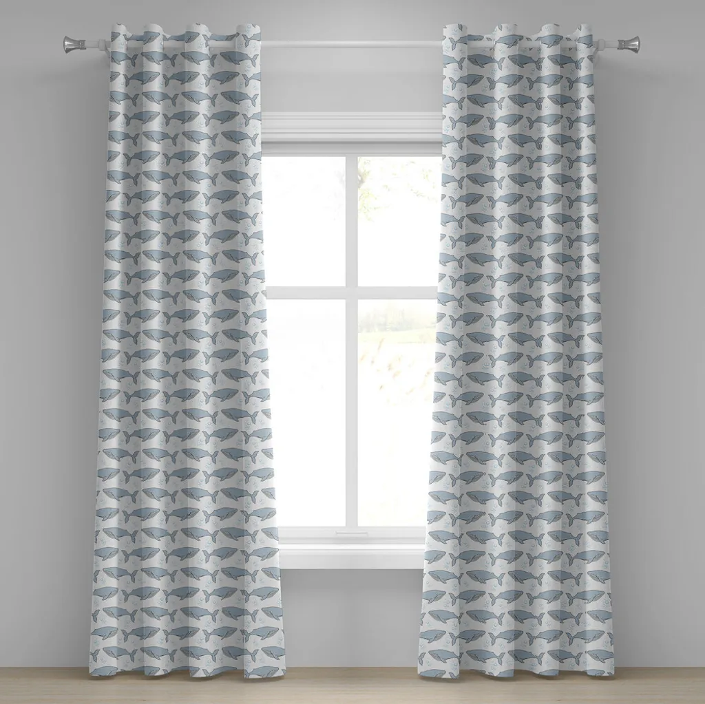 Rideaux de Salon 280x175cm Motif Baleines et Bulles, Fond Blanc Bleu