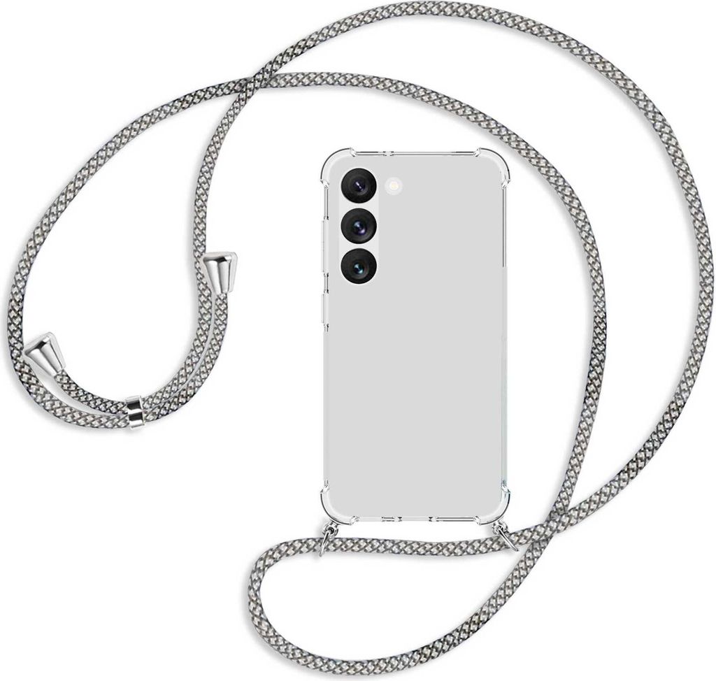 Handykette Backcover-Schutzhülle mit Band (Metall silberfarben) für Samsung Galaxy S23 - weiß/grau kariert