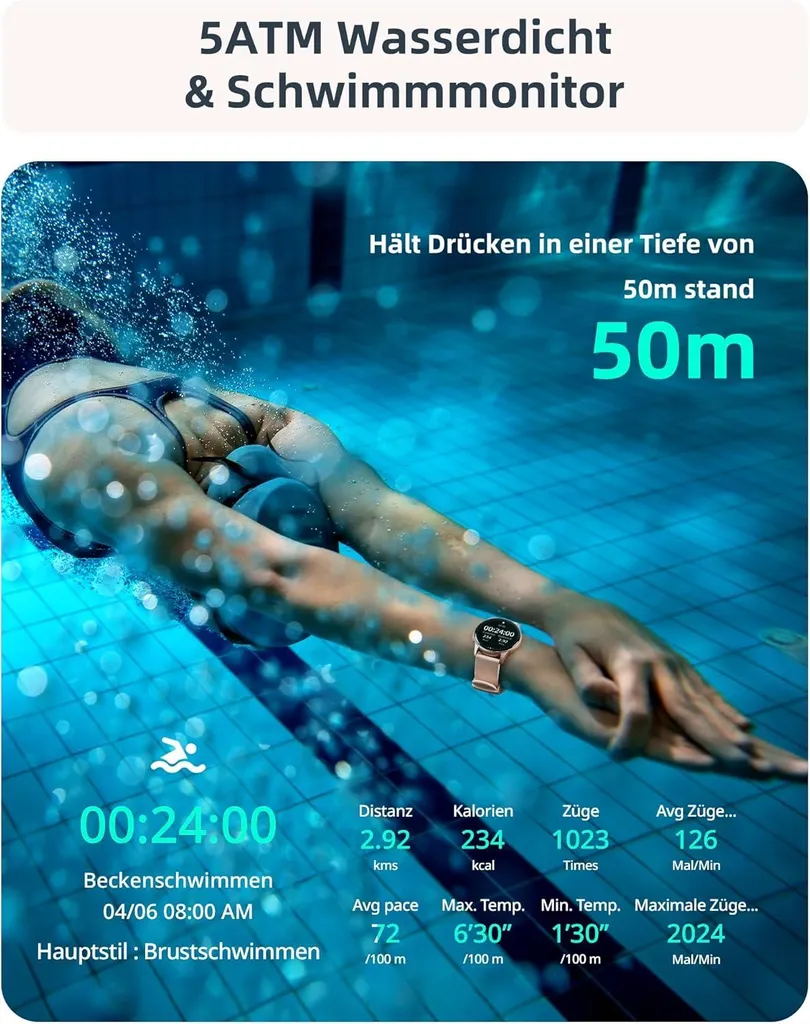 Smartwatch da donna, orologio da nuoto impermeabile 5ATM con funzione telefono, orologio fitness da donna con 100+ modalità sportive, frequenza cardiaca, monitoraggio del sonno, SpO2 - 6