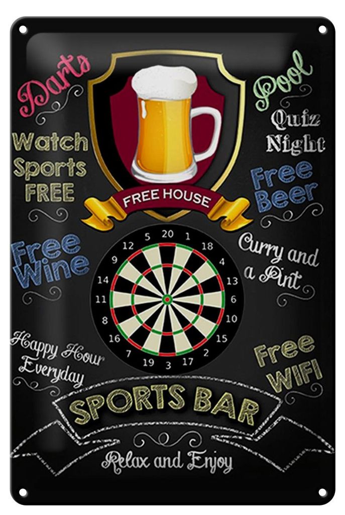 Blechschild Sports Bar Dartscheibe, 30 x 20 cm, Blechschilder Spruch Sport Hobby
