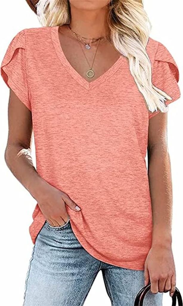 ASKSA Damen V-Ausschnitt Kurzarm T-Shirt Blütenblatt Ärmel Tops Shirts Sommer Casual Tunika Oberteile, Rosa, L