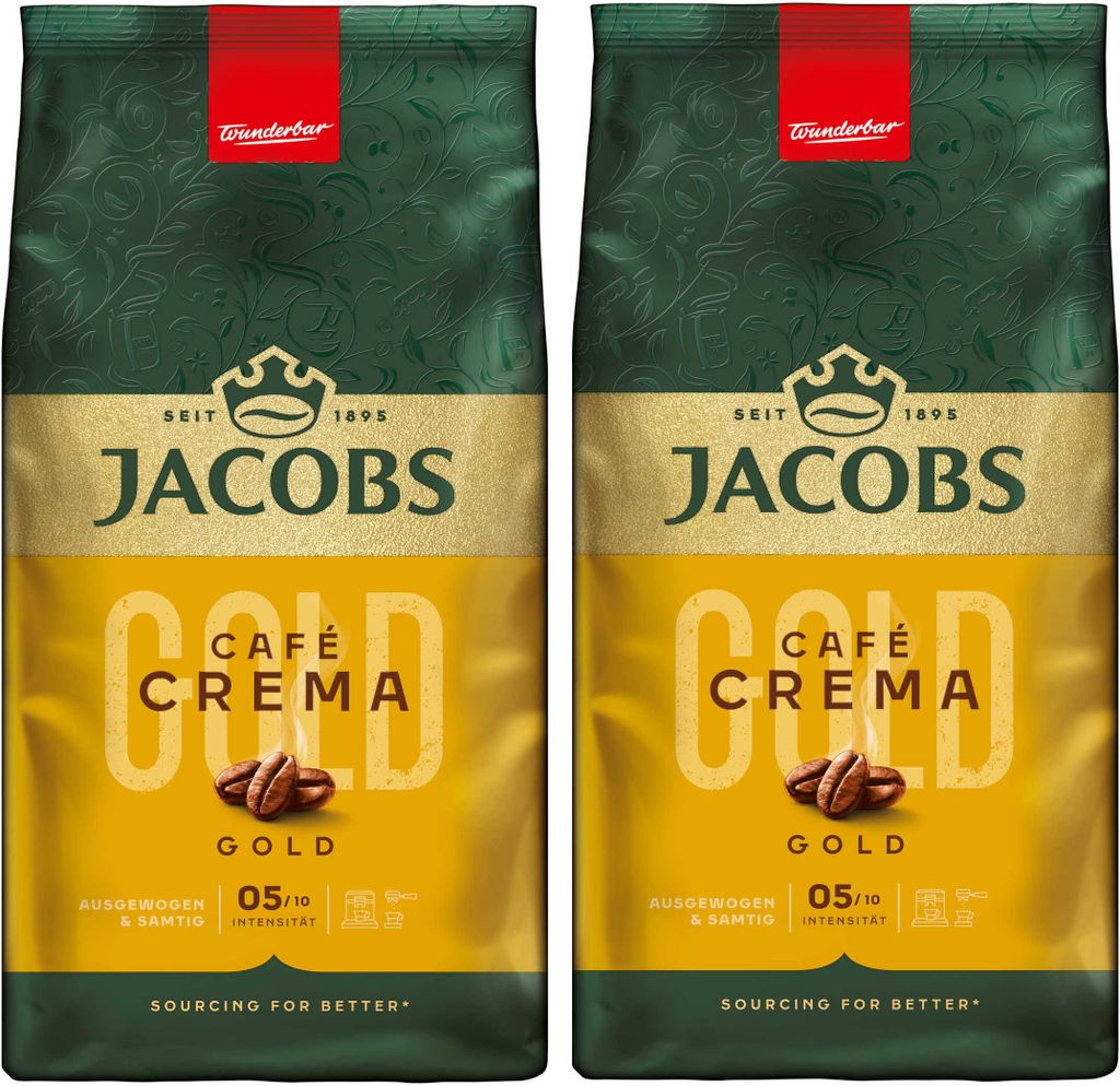 Two bags of JACOBS Cafe Crema Gold coffee beans are shown side-by-side.