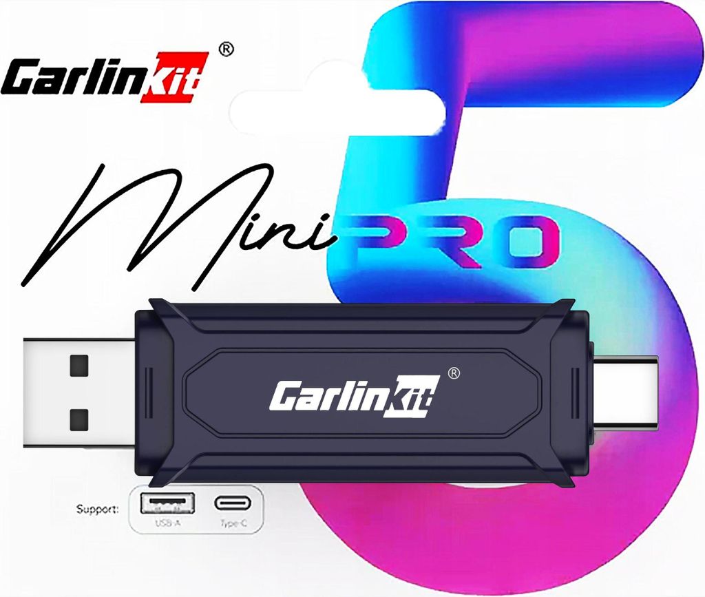 A product shot of a Carlinkit adapter with marketing graphics in the background.