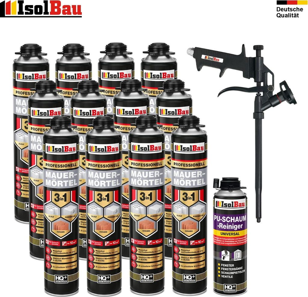 Mauermörtel 15 x 750ml SET Teflon Schaumpistole Reiniger Montageschaum PU Mörtel