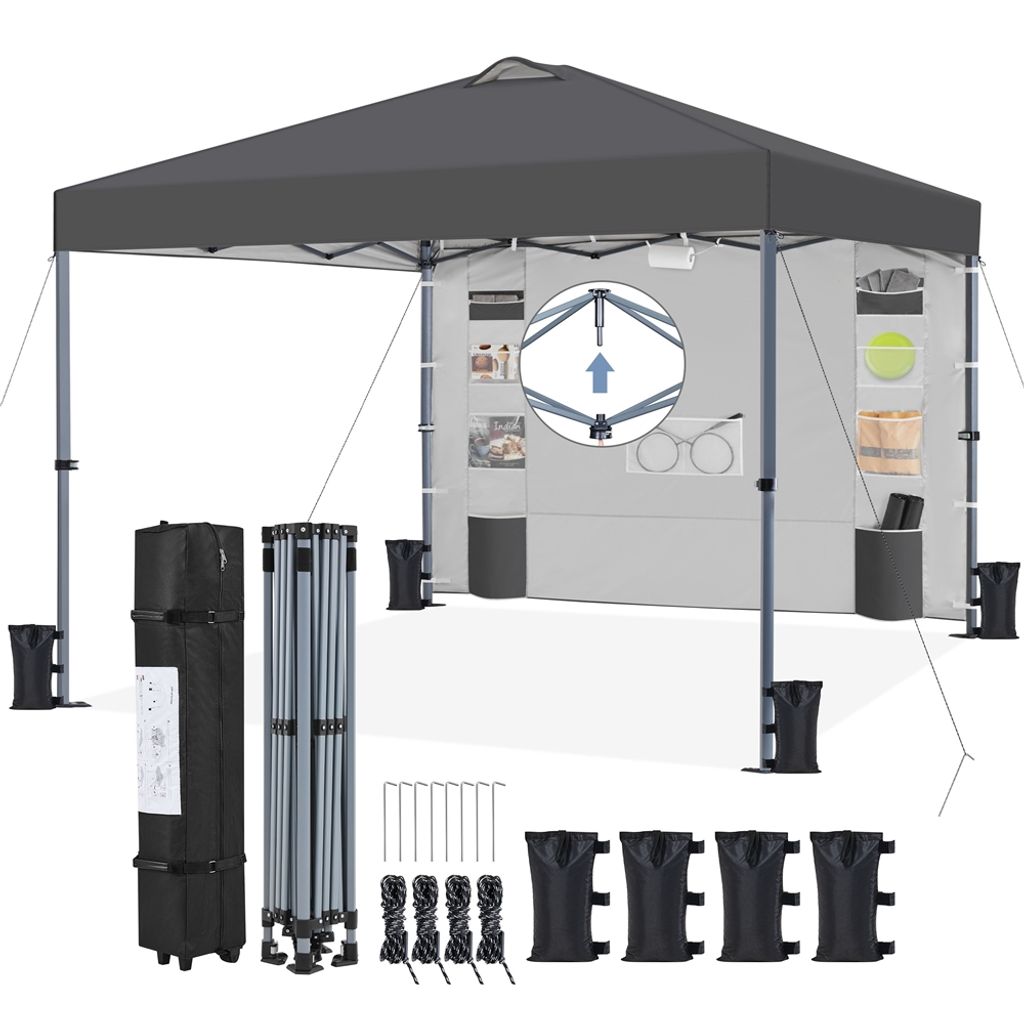 A gray pop-up canopy tent with its accessories laid out on a white background.