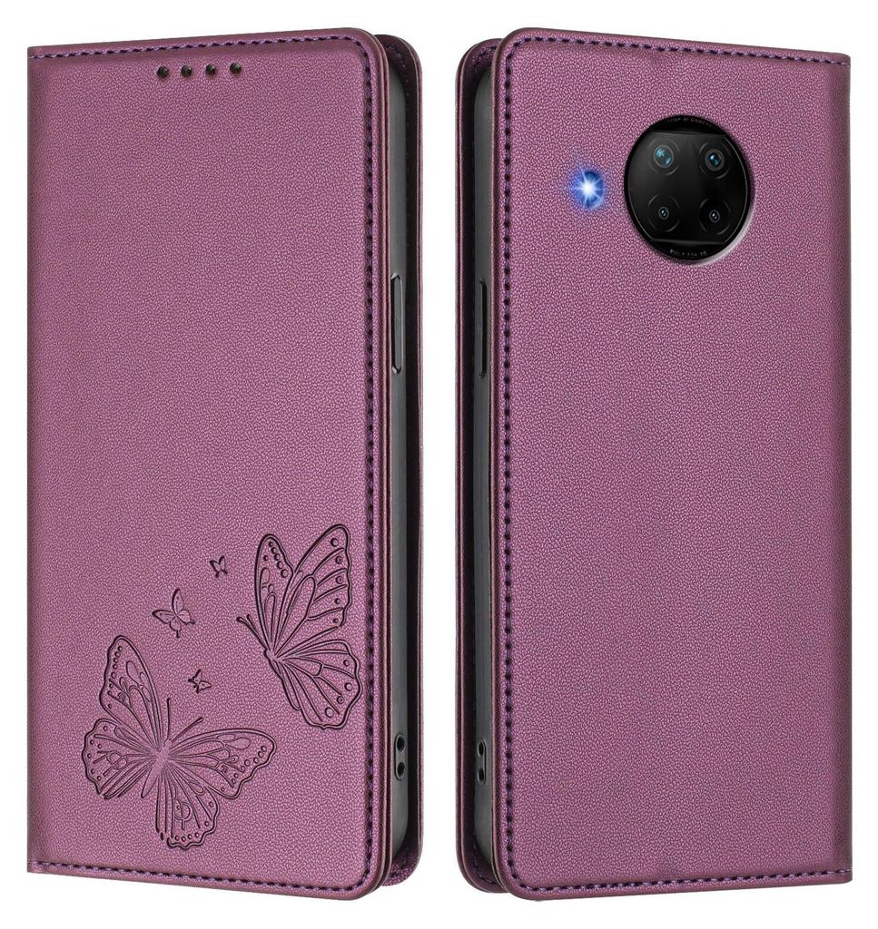 Lederhülle für Xiaomi Mi 10T Lite, Schmetterling Prägung Leder Brieftasche Schutzhülle mit Ständer Lila