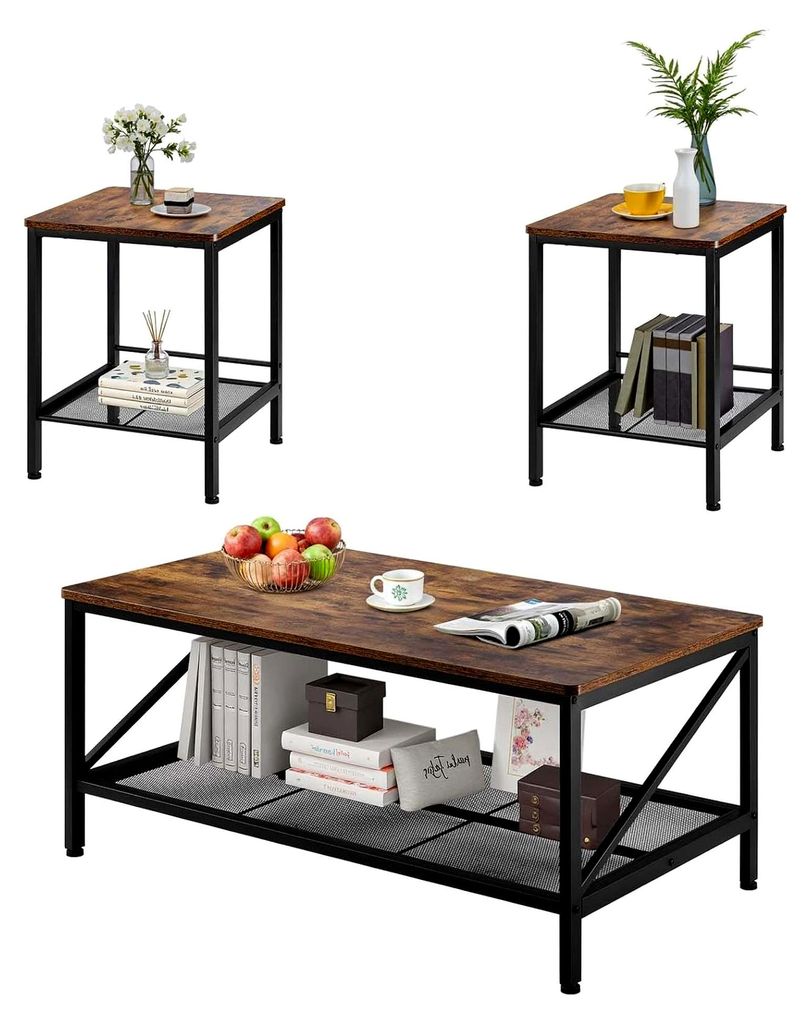 3-teiliges Wohnzimmertisch-Set, (105 cm lang) Industrie-Couchtisch mit 2 quadratischen Beistelltischen (45 cm lang), Sofatisch-Sets mit Metallbeine...
