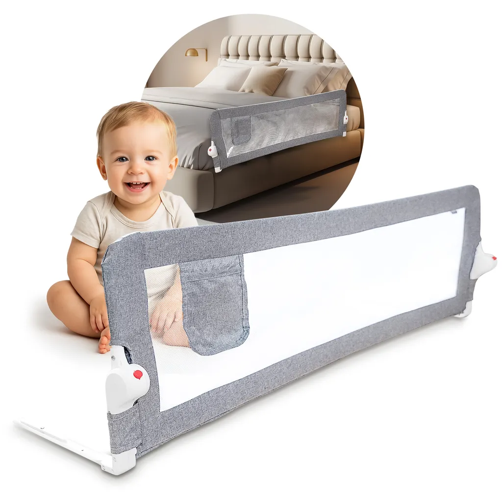 Barrière de lit NooMii 150 cm pour enfant pliable et filet respirant gris