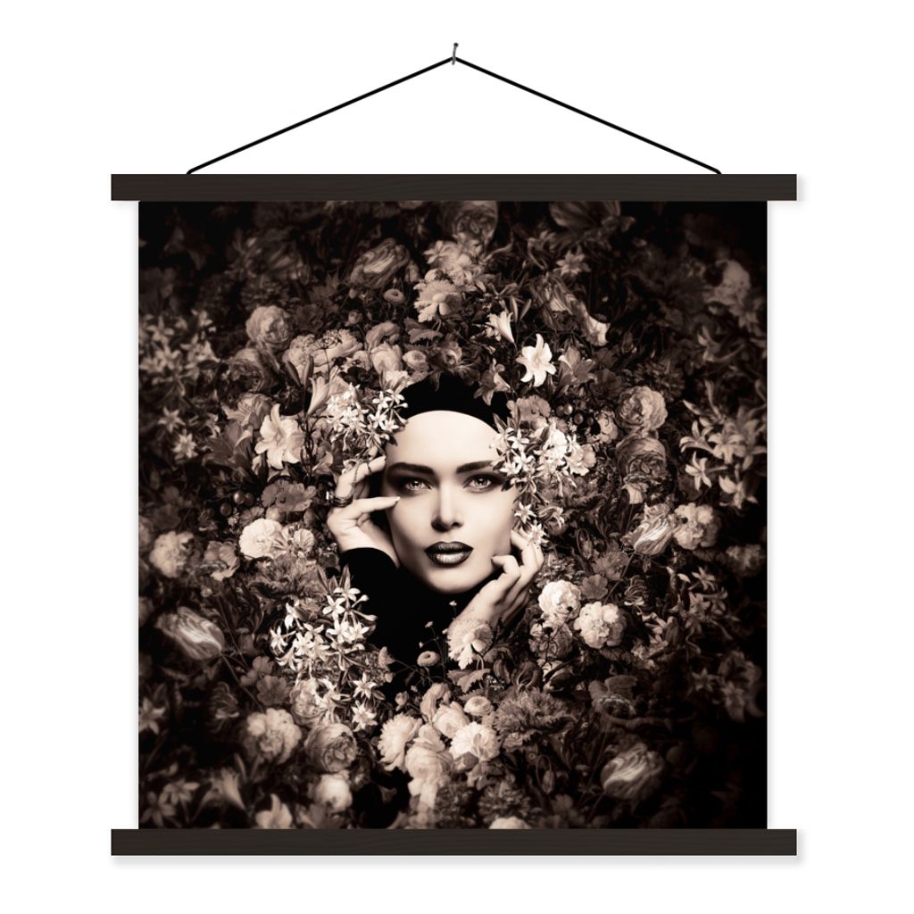 MuchoWow Textilposter Frau - Blumen - Botanisch - Natur 120x120 cm mit schwarzem Rahmen - Aufhängungsset