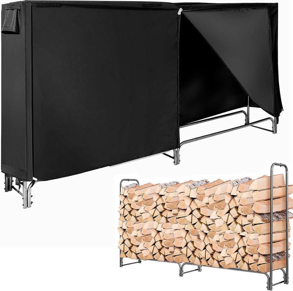 A collage showing a black firewood rack with a cover and a separate image of a firewood rack filled with wood.