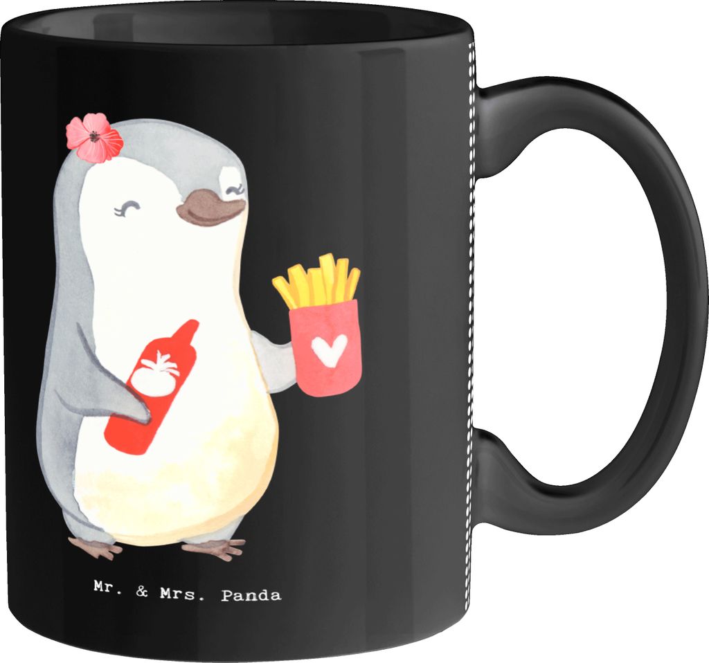Mr. & Mrs. Panda Tasse Imbissverkäuferin Herz - Schwarz - Geschenk, Pommes, Pommesverkäuferin, Trinkbecher, Kaffeetasse, Kaffeebecher, Pott, Fast...
