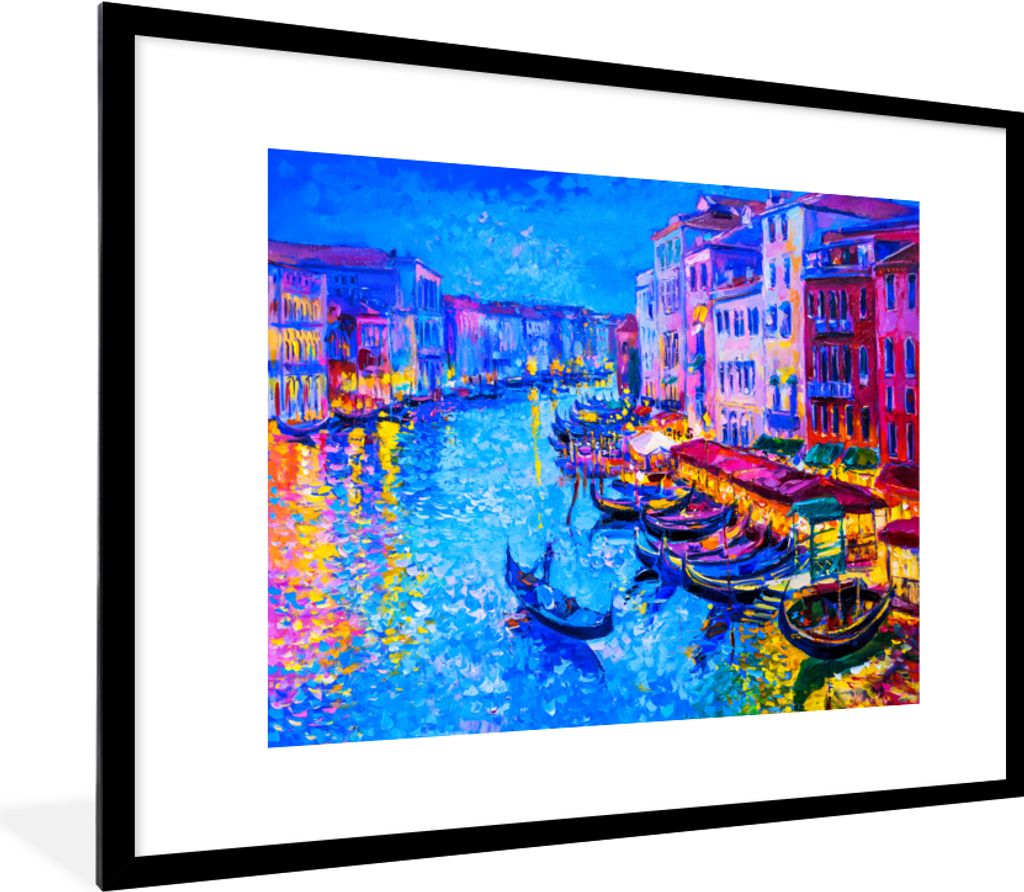MuchoWow Gerahmtes Poster Malerei - Italien - Boot - Wasser - Architektur 80x60 cm - Poster mit Schwarzem Bilderrahmen Wandposter Rahmen Foto Bil...