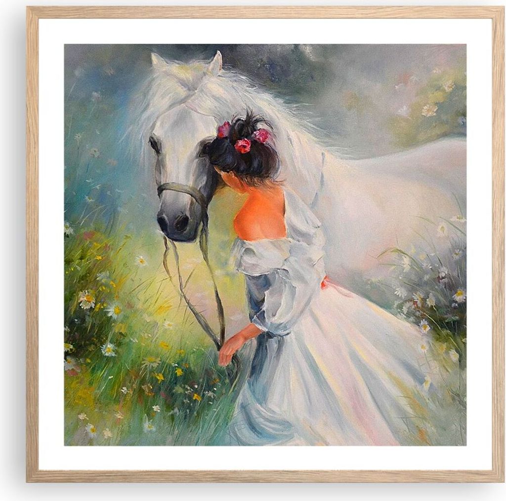 Gerahmtes Poster - Rahmen in heller Eiche - Frau Wiese Pferd - 60x60 cm - Wand Bild - Wanddeko - Wandbilder - Kunstposter - Wandposter - Bilderrahm...