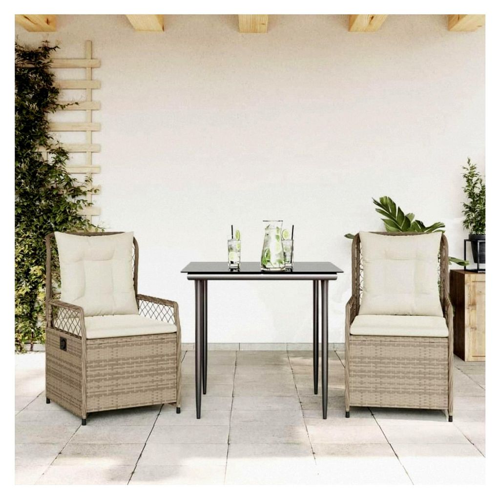 Gartenmöbel Set mit Tisch und 2 verstellbaren Hochlehner-Stühlen, Polyrattan Sitzgruppe für 2 Personen, Essgruppe für Garten, Terrasse und Balk...