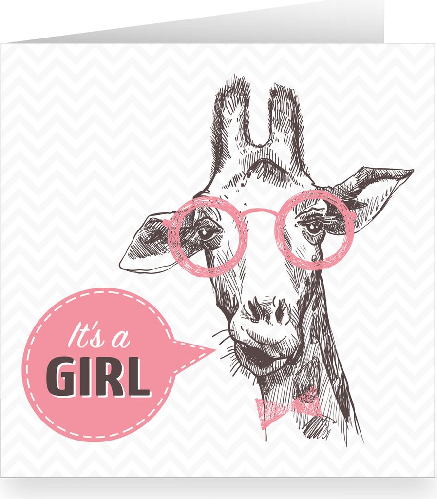 Coole rosa, quadratische Designer Babykarte mit Giraffe: It's a girl