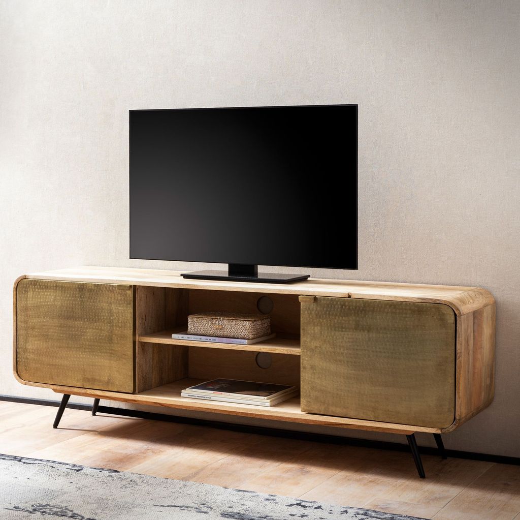 WOHNLING Lowboard Mango Massivholz 160x55x41 cm TV-Kommode mit zwei punzierten Türen TV-Schrank Hoch Fernsehtisch Fernsehschrank Modern Fernsehkom...