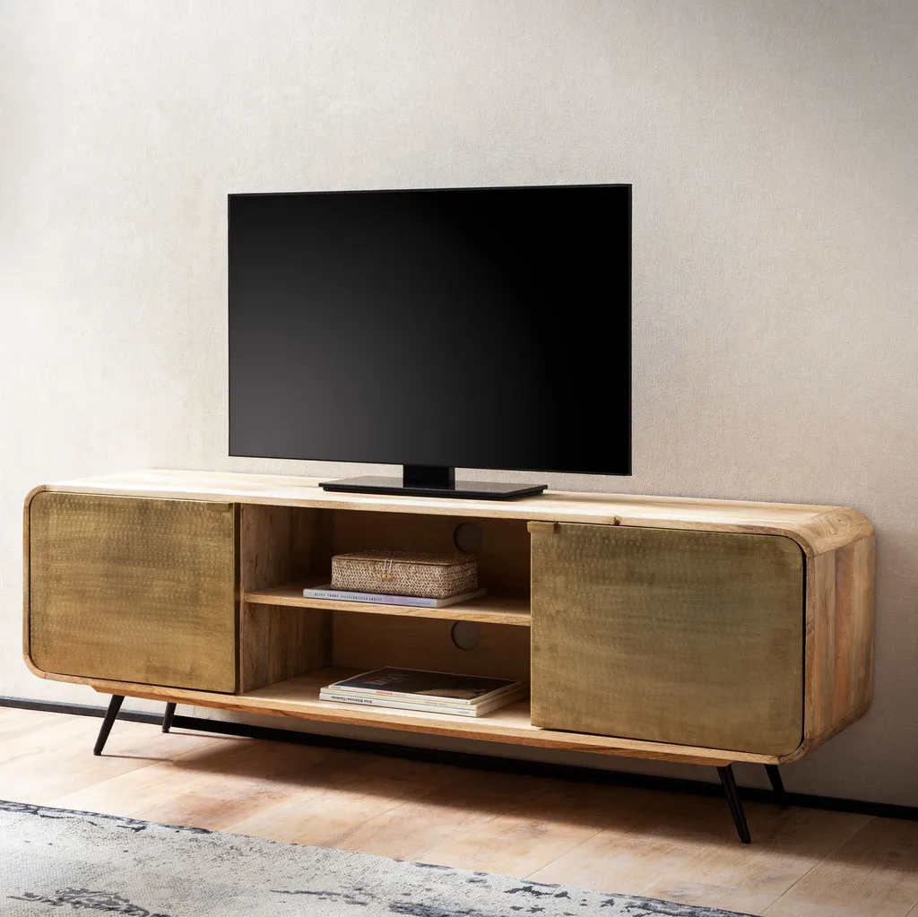 Meuble TV bois massif 160x55x41 cm, portes perforées et design scandinave