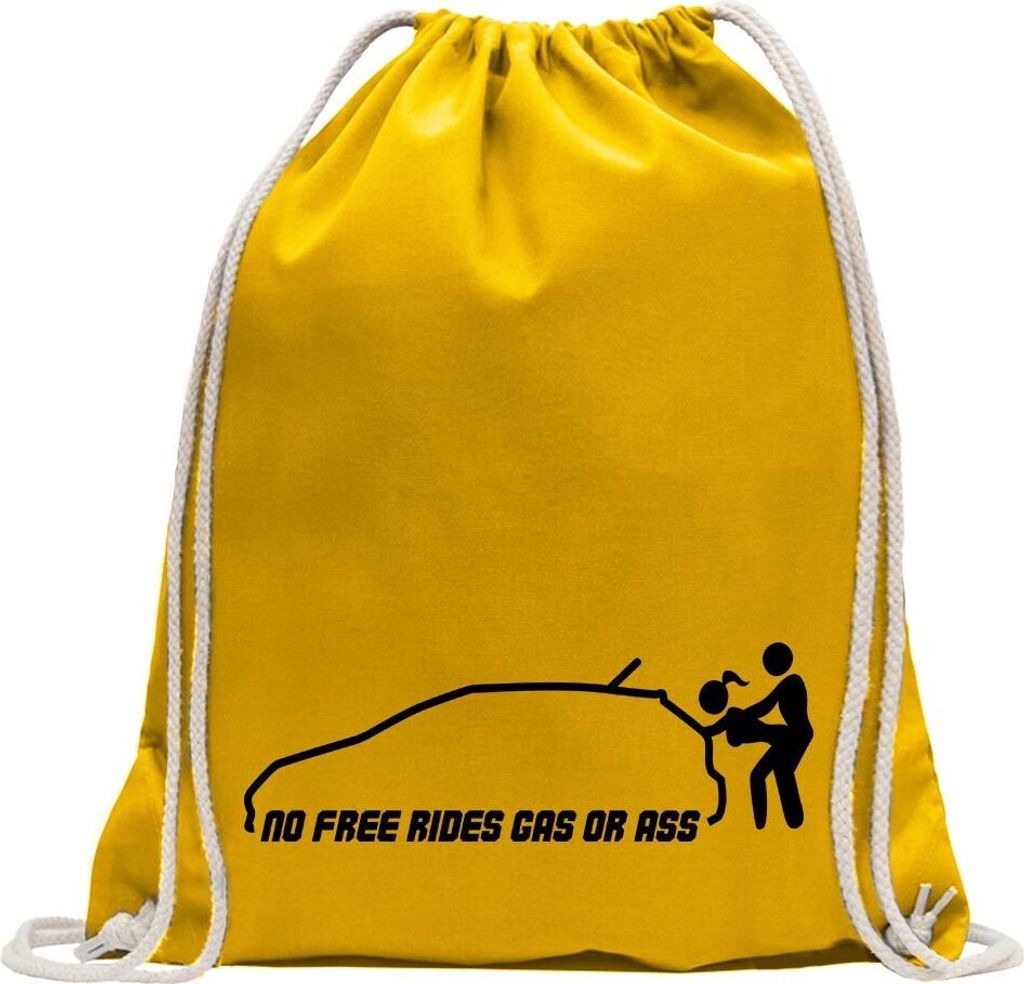 Kiwistar - Turnbeutel - gelb - No free rides - gas or ass - Fun Rucksack Sport Beutel Gymsack Baumwolle mit Ziehgurt