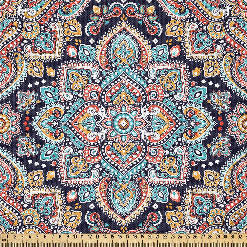 ABAKUHAUS Ethnisch Satin Stoff als Meterware, Bohemian Style Tribal ethnischen Motiv Vintage Henna inspiriert traditionelle Mehndi Kunst, 5 M (148 ...