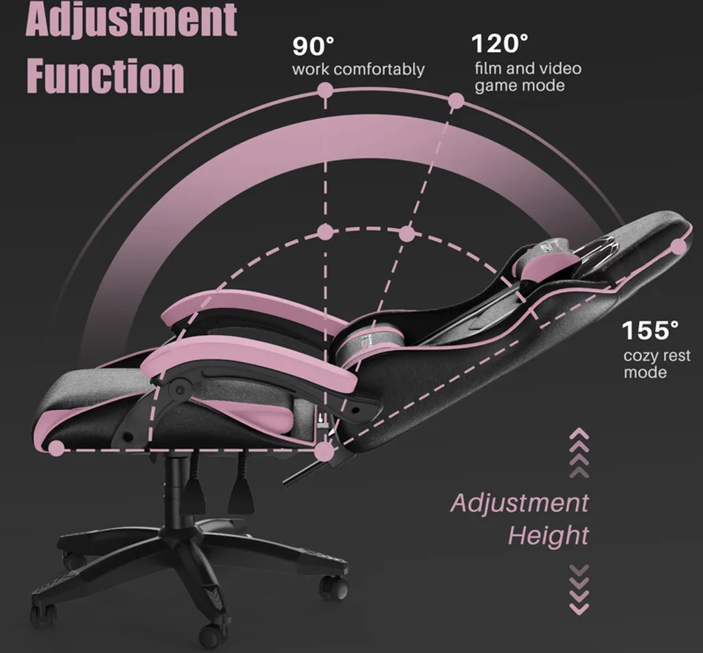 Chaise de jeu ergonomique rose et noir avec coussin lombaire réglable