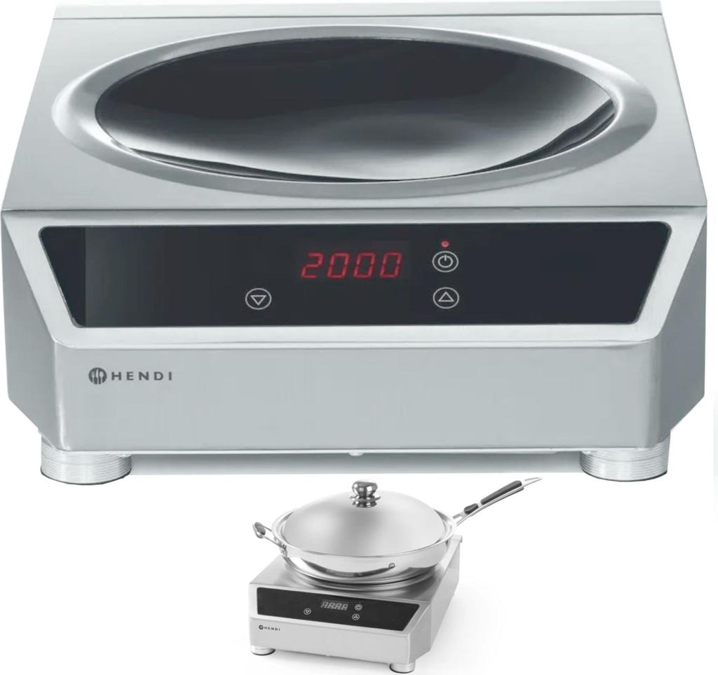 A Hendi induction wok cooker with a digital display and a wok pan on a separate smaller induction cooker.