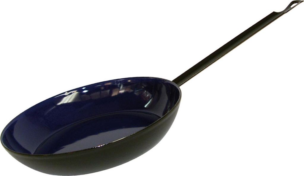 A black frying pan with a blue interior, shown against a white background.