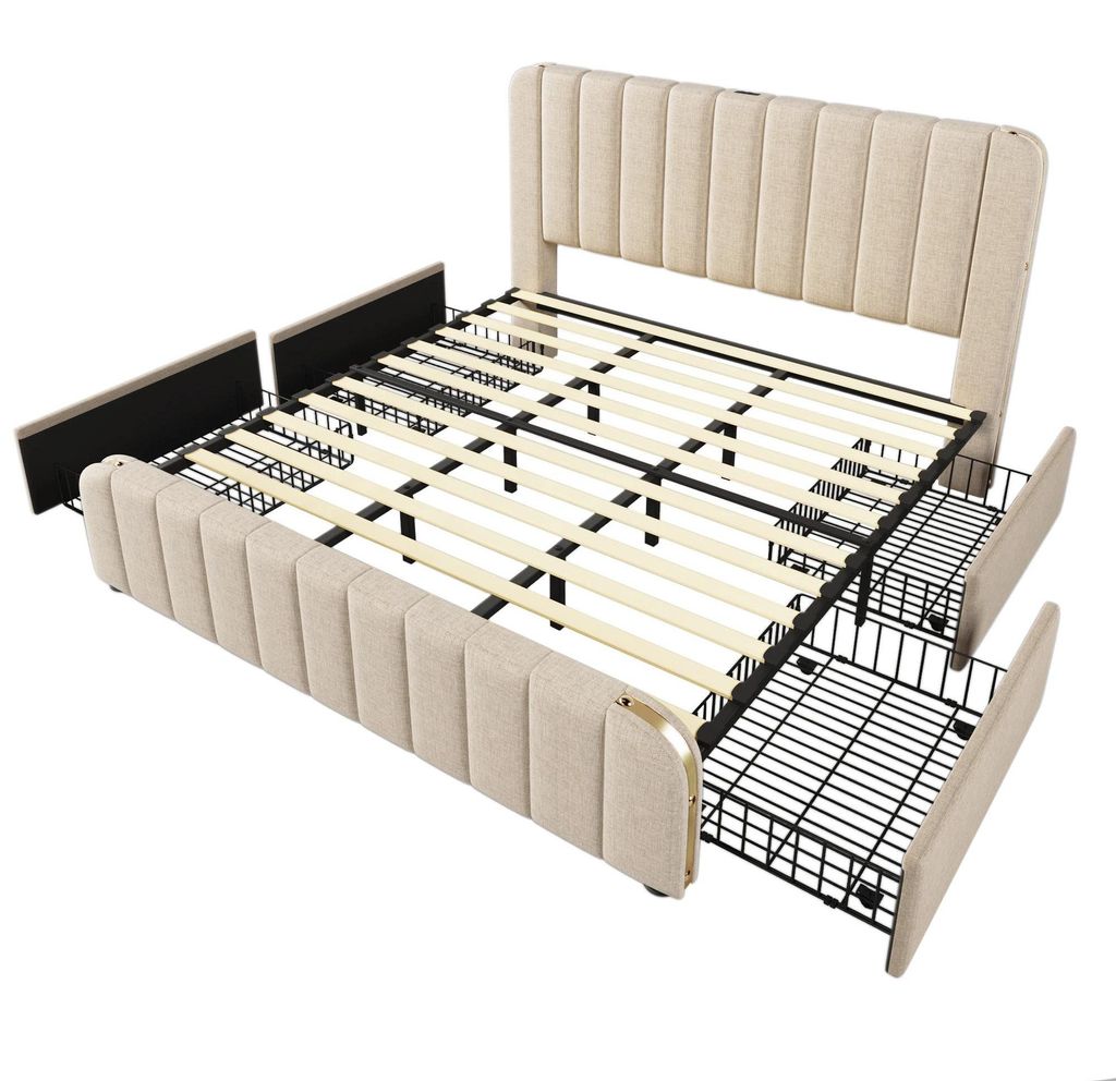 Doppelbett - Polsterbett mit Kopfteil - Goldene Zierstreifen, USB-C Ladefunktion, 180x200 cm, Stauraum mit Bettkasten, Holzgestell, Tragkraft 226 kg