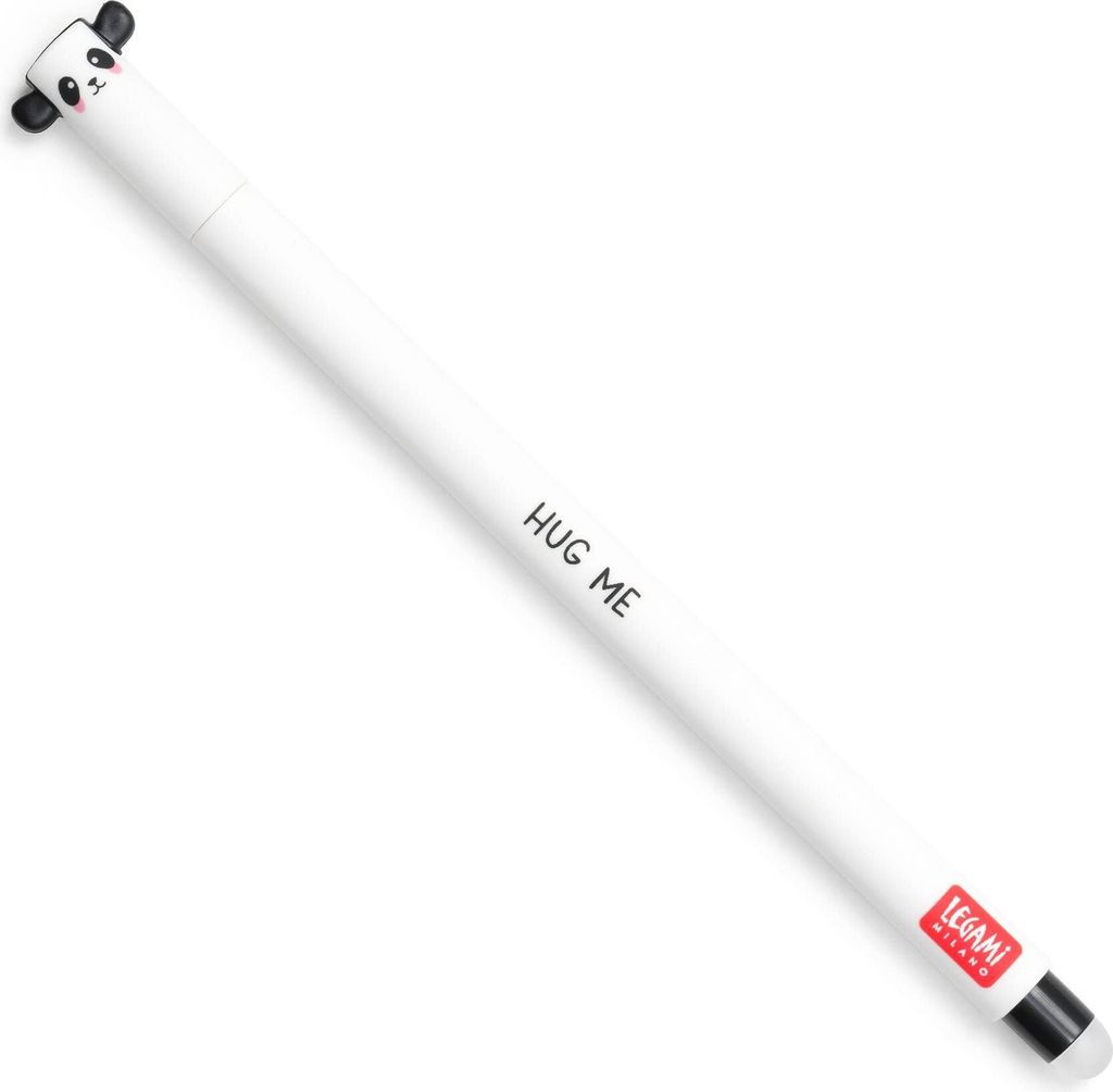 A white gel pen with a panda design at the top and the text 'HUG ME' printed on the barrel.