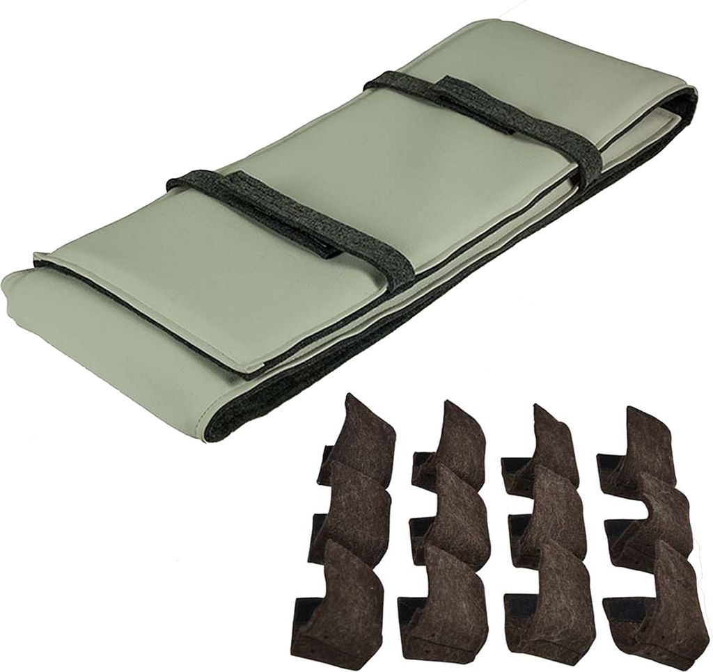 Bierbankauflage + Bodenschoner für Bierzeltgarnitur 120cm x 25cm (1 Stk.) + 12 Bodenschoner Auflage: Grau-Weiß (Leder) | Schoner: Braun