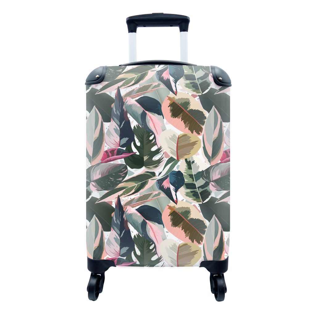 MuchoWow Koffer Handgepäck Trolley Rollkoffer Kleine Reisekoffer mit 4 Rollen - Tropisch - Rosa - Blätter - Cabin Size < 55x40x23 cm & 55x40x20...