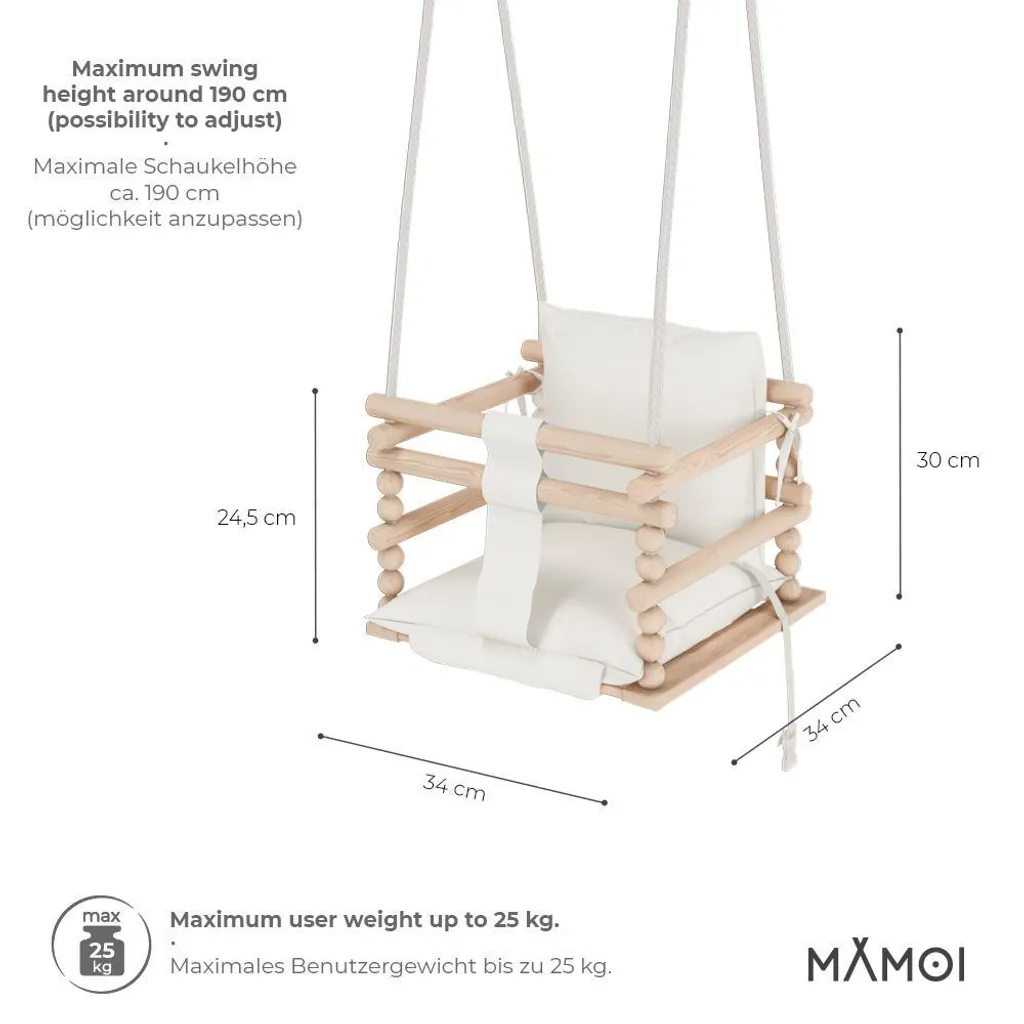 Balançoire en bois pour enfant et bébé - Siège suspendu intérieur 40x40cm - 2