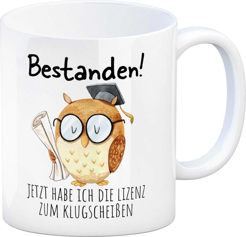 Bestandene Prüfung Eule Kaffeebecher mit Spruch Lizenz zum Klugscheißen