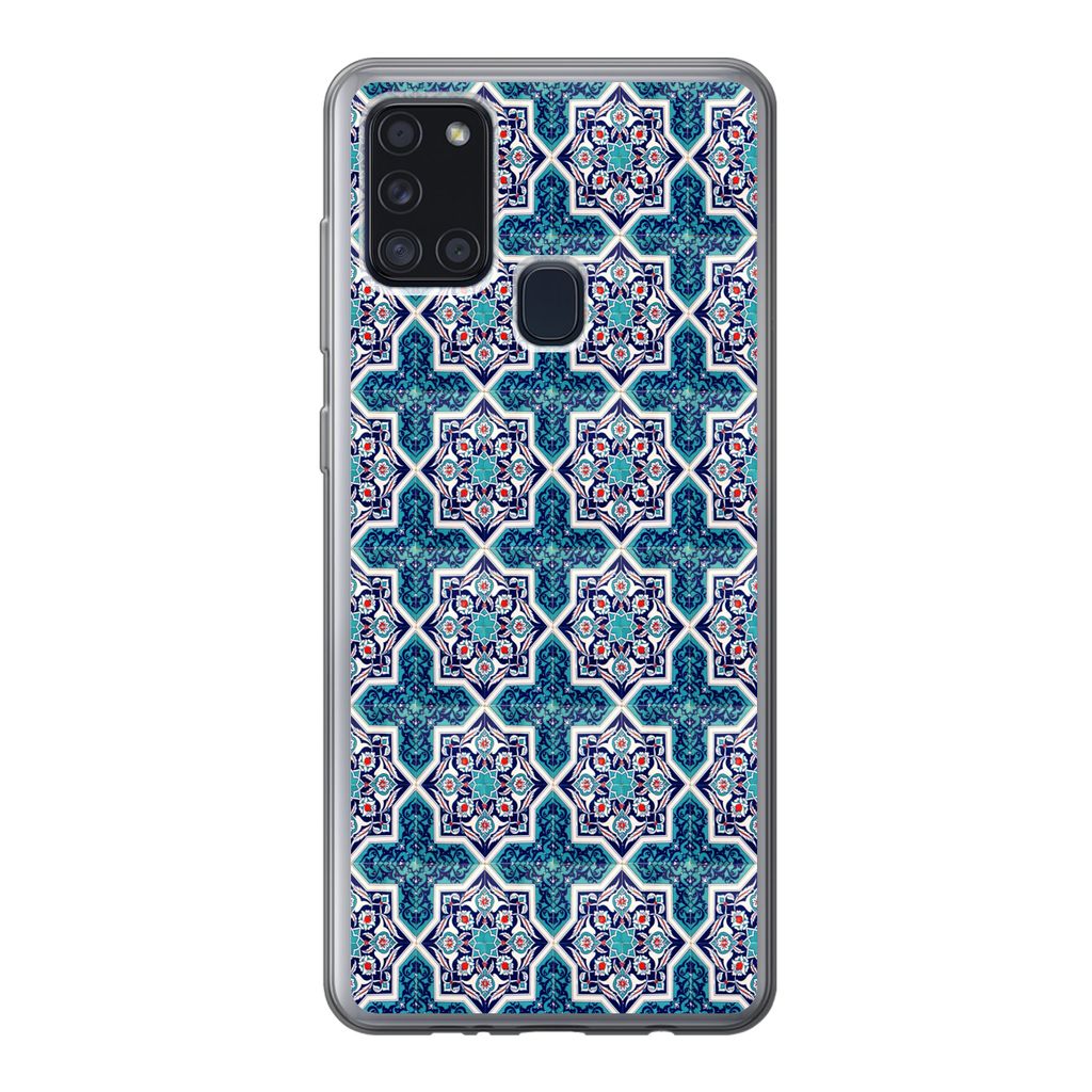 MuchoWow Handyhülle Schutzhülle Hülle für Samsung Galaxy A21s Ein marokkanisches Mosaikfliesenmuster, bei dem hauptsächlich die Farbe Blau v...