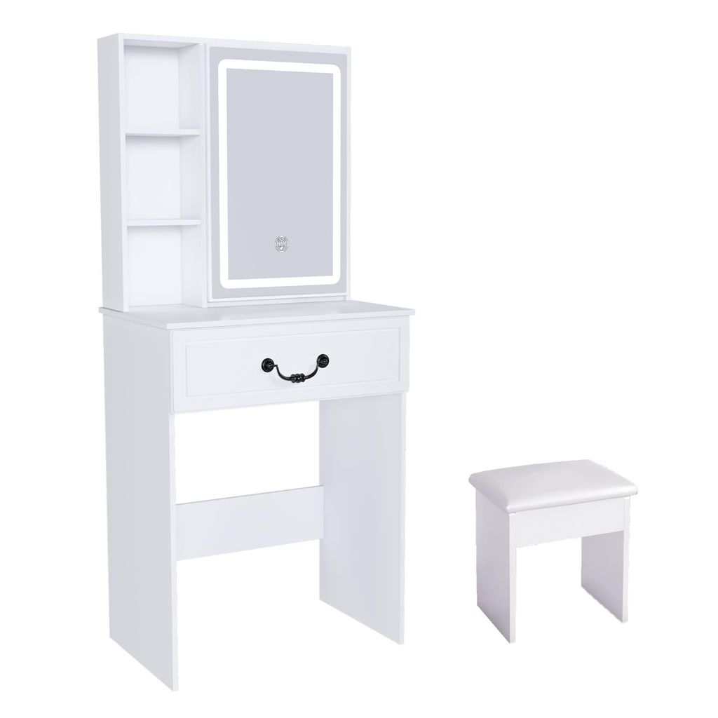 Modernes minimalistisches Schminktisch-Set mit dimmbarem LED-Spiegel – Kompakt mit verstecktem Stauraum, inkl. gepolsterter Hocker,B60/H131.5/T36cm