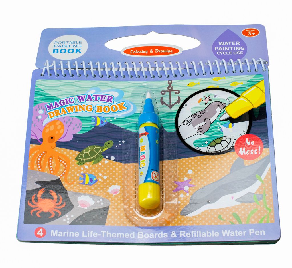 A magic water drawing book with a refillable water pen, featuring marine life illustrations.