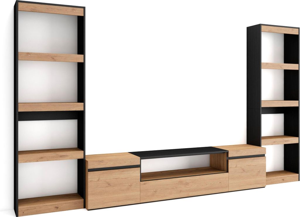 Wohnwand Wohnzimmer, 320x35x186cm, Für TV-Geräte bis zu 80", Wohnzimmer Möbel, Eiche und Schwarz