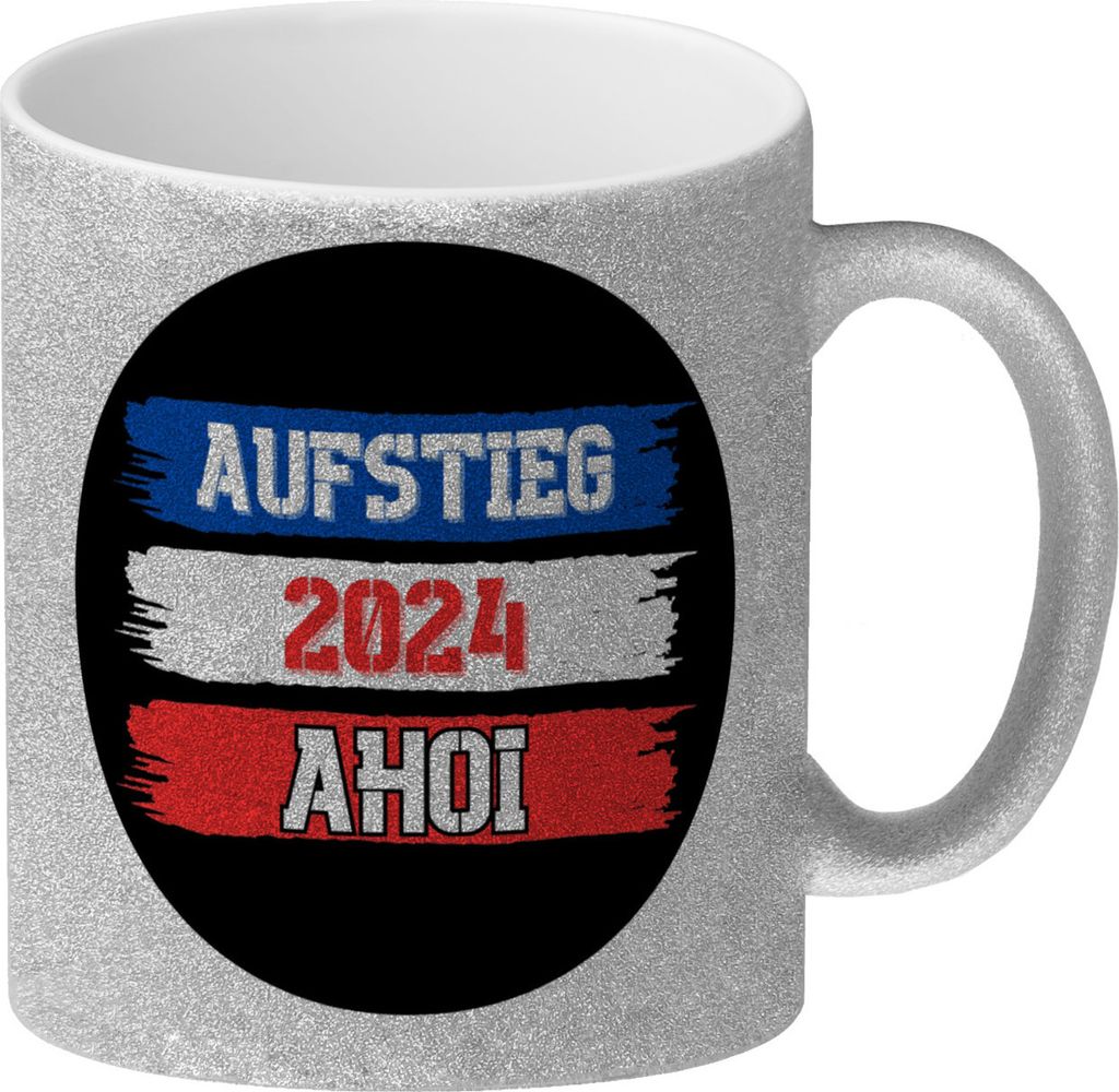 Kiel Aufstieg 2024 Glitzer-Kaffeebecher mit Spruch Ahoi