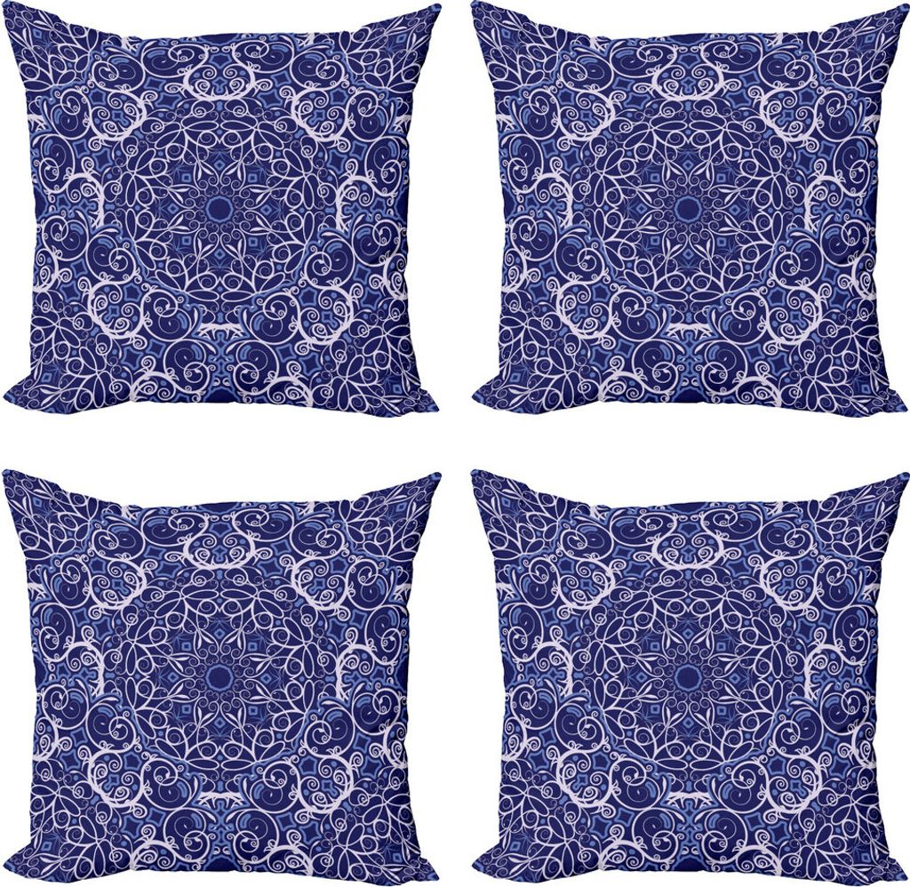 ABAKUHAUS Mandala Kissenbezug Set (4 Stück), Böhmische Blumenkreis, Moderner Doppelseitiger Digitaldruck, 40 cm x 40 cm, Lila, Weiß und Blau