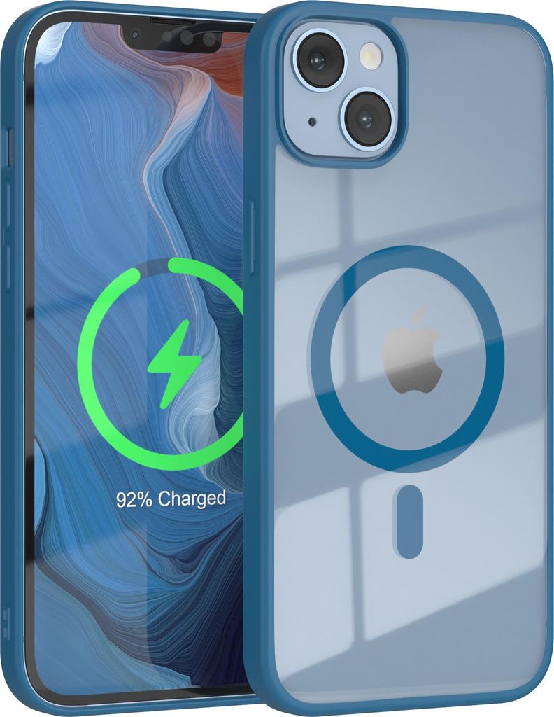 EAZY CASE Clear MagSafe Case für Apple iPhone 14 Plus, Qi-Charging, Silikon mit Kameraschutz, Bumper Case in Blau