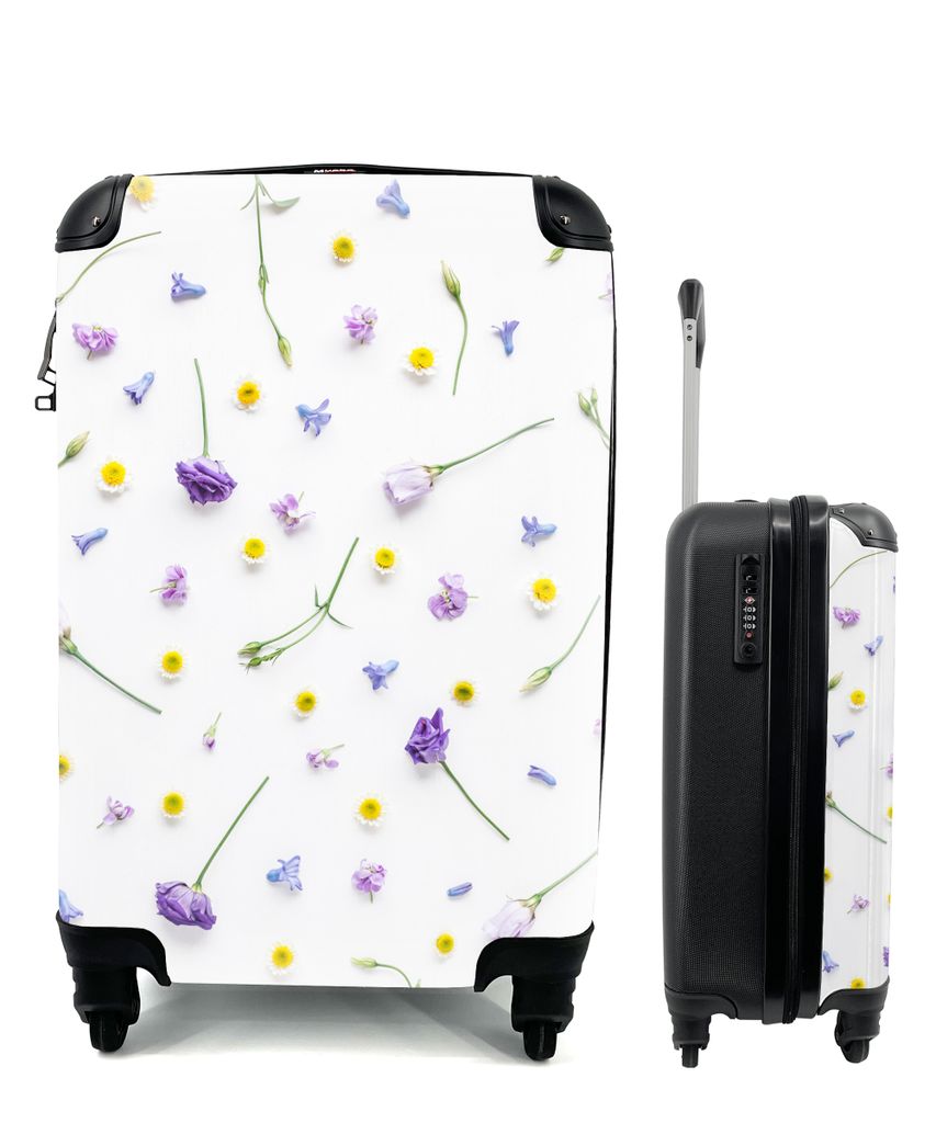 MuchoWow Koffer Handgepäck Trolley Rollkoffer Kleine Reisekoffer mit 4 Rollen - Blumen - Lila - Gelb - Cabin Size < 55x40x23 cm & 55x40x20 cm - ...