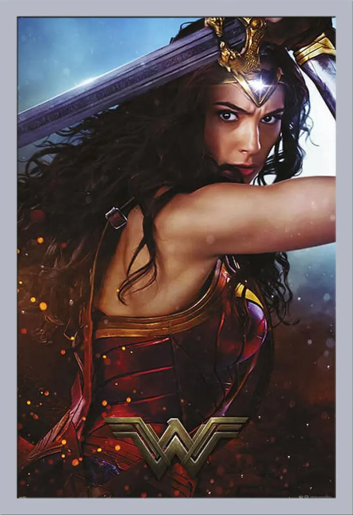 Décoration Murale Wonder Woman Sword Affiche avec Cadre Argent 61x91