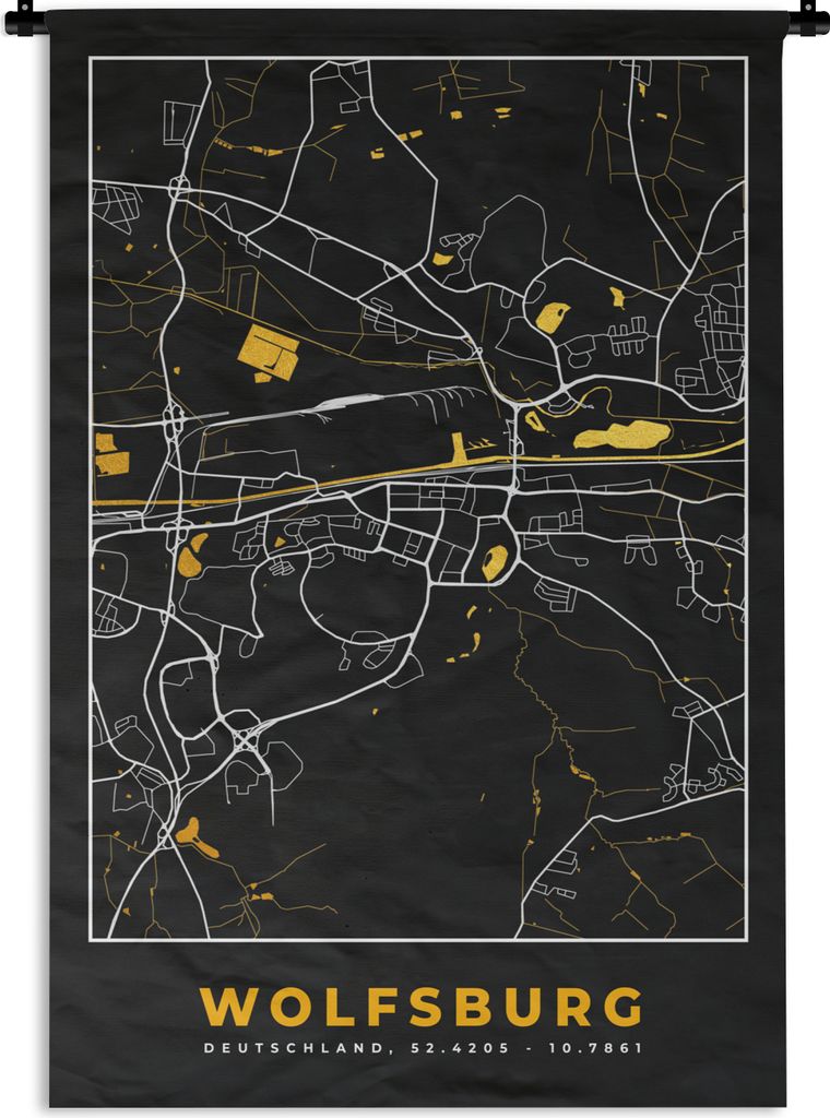 MuchoWow Wandteppich Wandbehang Schwarz und Gold - Stadtplan - Wolfsburg - Deutschland - Karte 90x135 cm Tapisserie Dekoration Wandtuch - Baumwol...