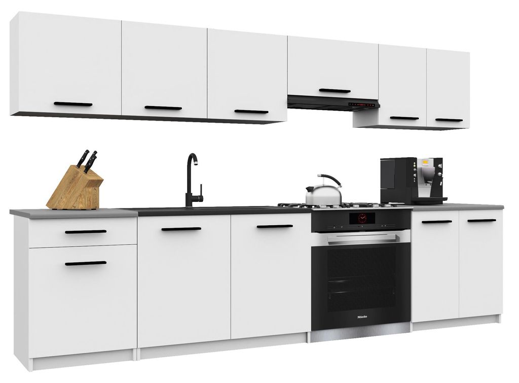 Belini Moderne Küchenzeile Küchenblock ITALIA 2 - Küchenmöbel 240cm Weiß Matt - Einbauküche mit Hängeschränke, Unterschränke & Arbeitsplatten