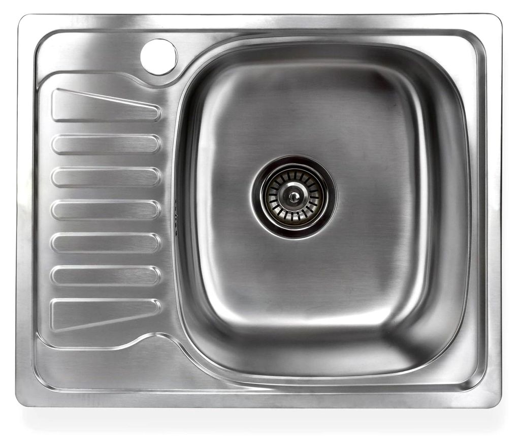 Einbauspüle aus Edelstahl von Stabilo-Sanitaer, eckiges Spülbecken mit kleiner Abtropffläche rechts, Küchenspüle mit integriertem Ablauf-Stopp