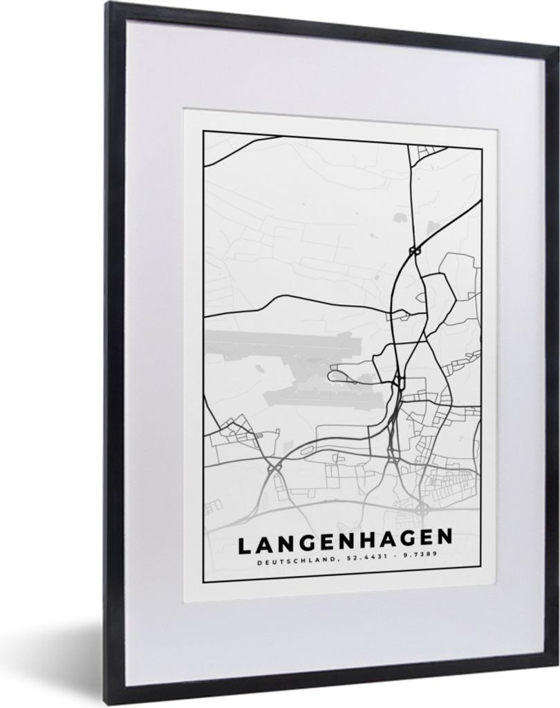 MuchoWow Gerahmtes Poster Karte - Stadtplan - Langenhagen - Karte 30x40 cm - Poster mit Schwarzem Bilderrahmen Wandposter Rahmen Foto Bilder - Wa...