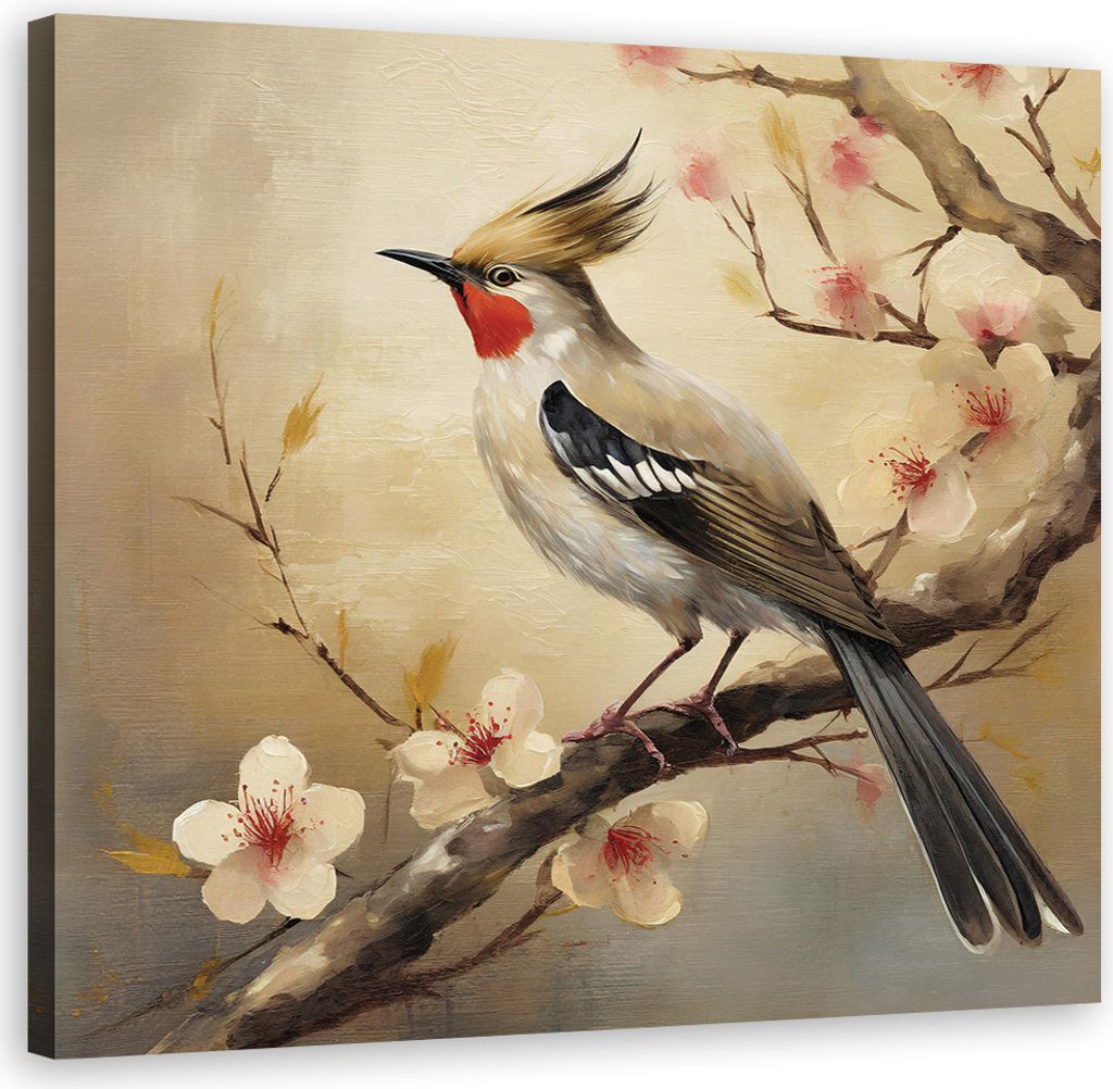 Leinwandbild Vögel Tiere Blumen Natur 60x60 Feeby Beige bild für die wand bereit zum aufhängen