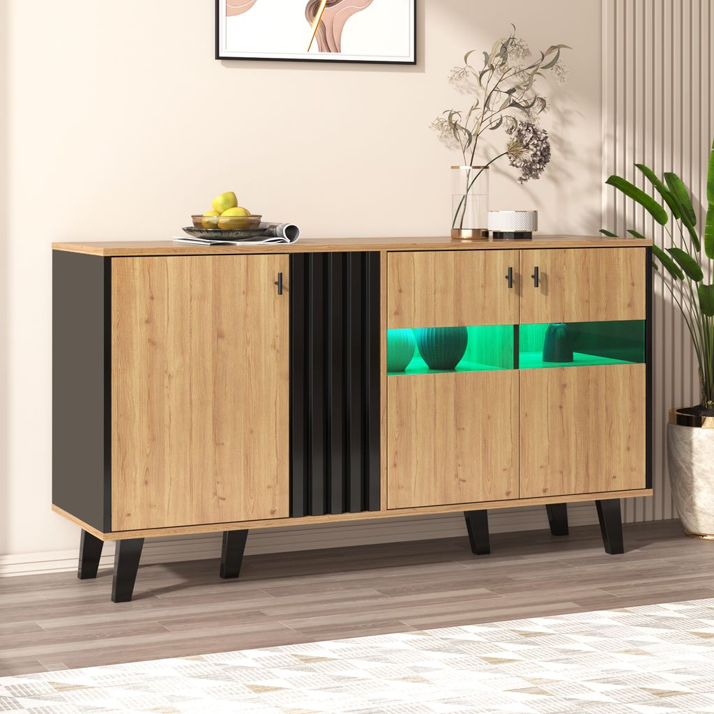 A modern sideboard with LED lighting in a room setting.